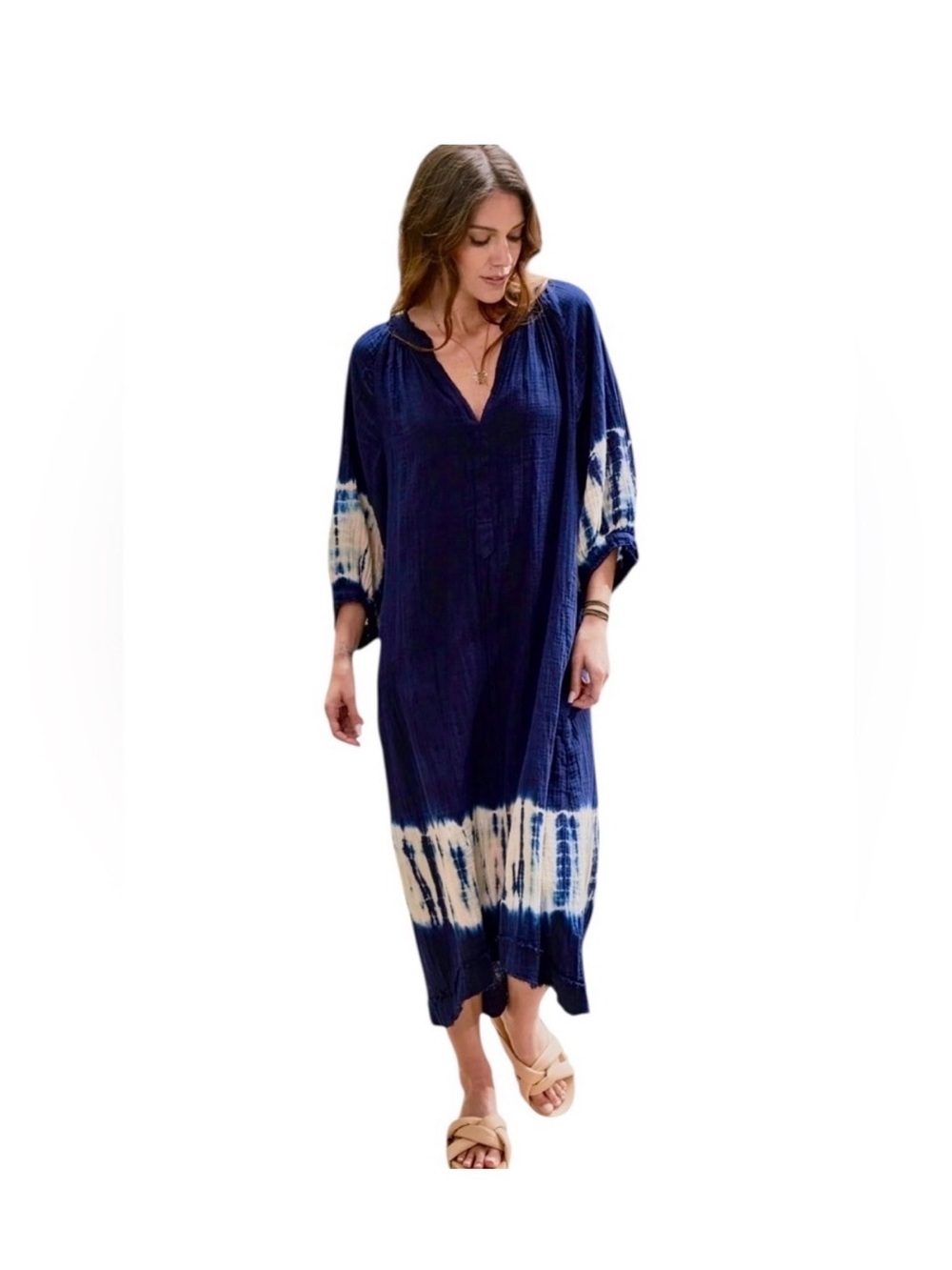 Ocean + Main Tie Dye Gauze Caftan Dress Navy 2X